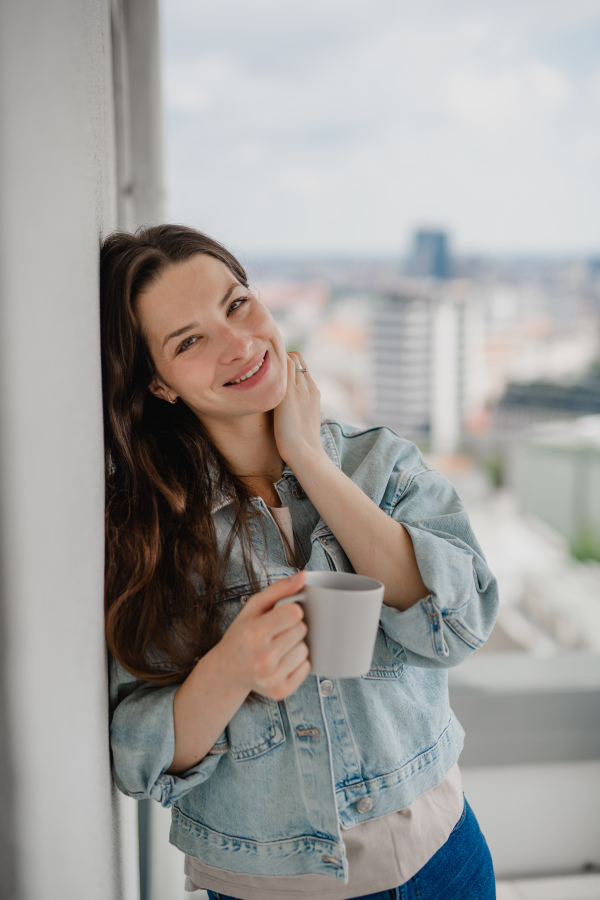 Portrait of a young caucasian woman with coffee outdoors on balcony, looking at camera.