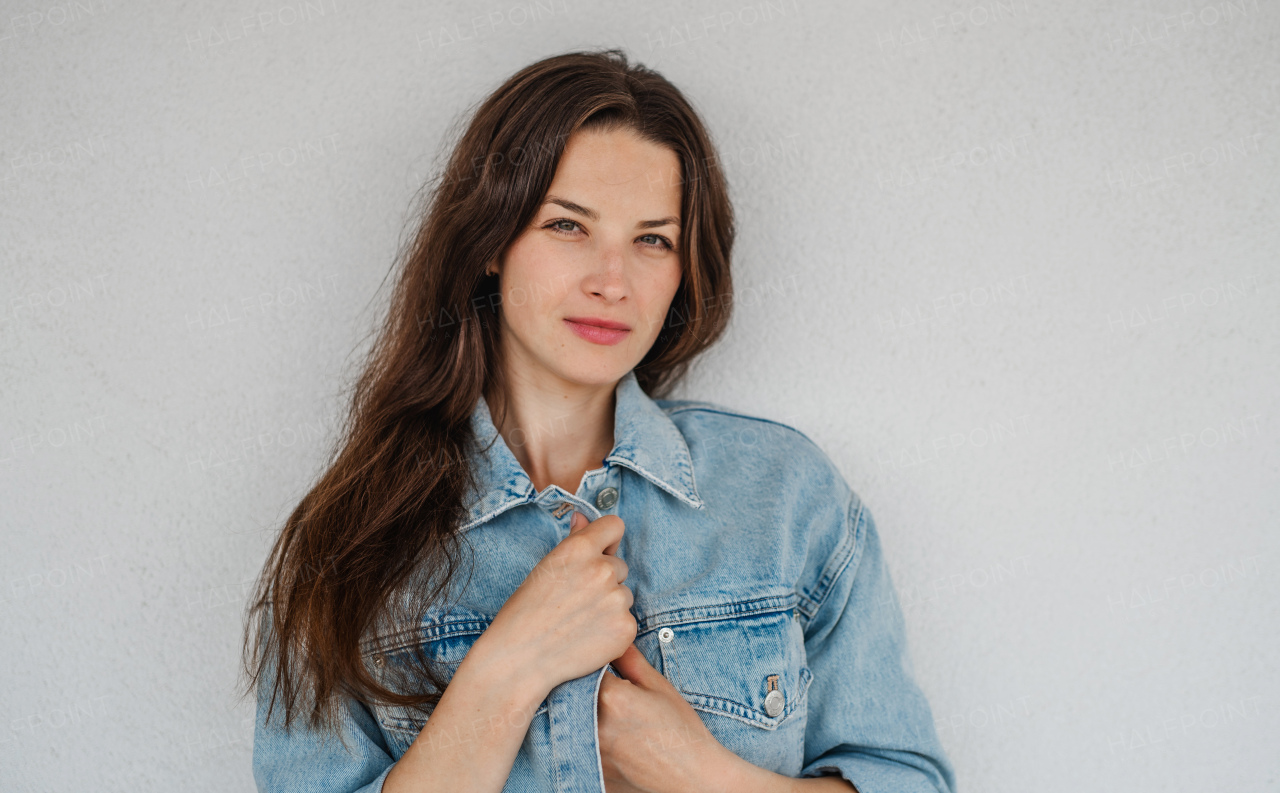 Portrait of a young caucasian woman on white background, looking at camera.