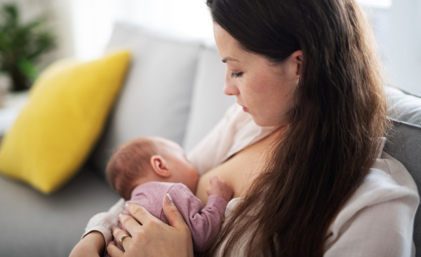 A young mother breastfeeding her newborn baby girl indoors at home, maternity leave.