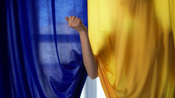 A silhouette of woman behind yellow and blue Ukrainian flag.