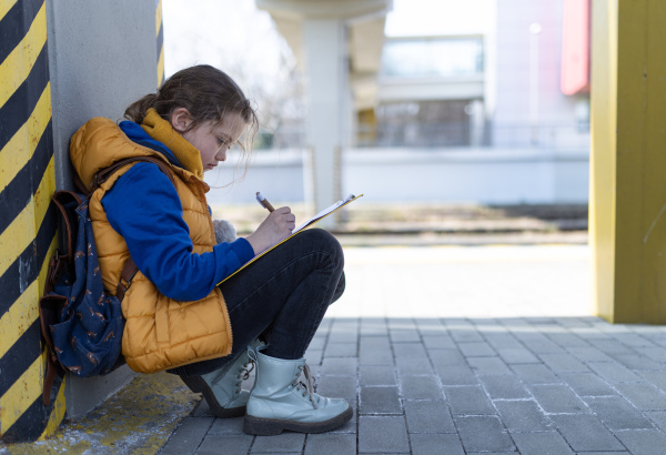 A little Ukrainian child filling form for refugees at train station alone.