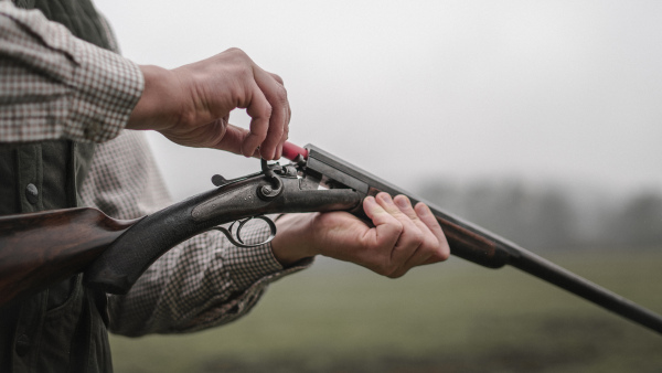 A close-up of hunter man charges the cartridge on rifle gun in forest.