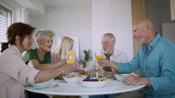 A senior group of friends having party indoors, eating at the table and talking.