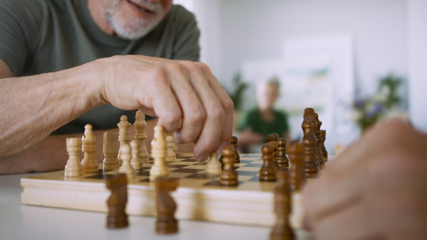 A close up of two senior friends playing chess indoors, social gathering concept.