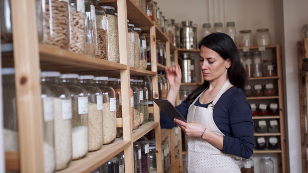 Young female owner of zero waste shop doing audit.