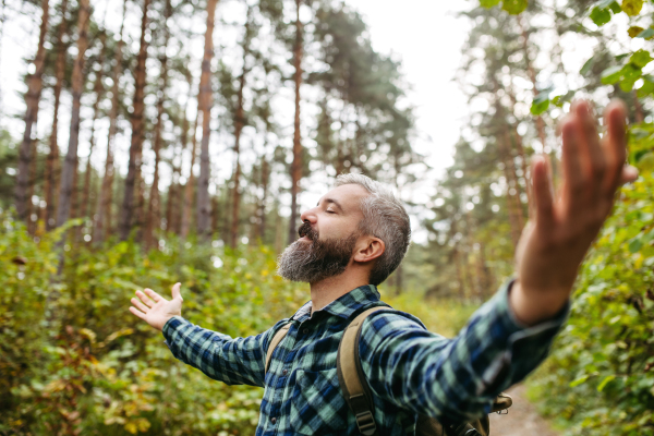 Handsome man standing in the middle of nature with open arms, enjoying peaceful atmosphere of forest, forestbathing.