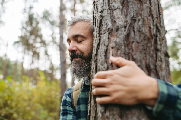 Man standing in forest with closed eyes, hugging tree. Peaceful atmosphere of the nature, forestbathing.