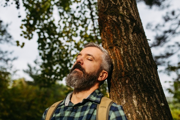 Man leaning against tree with closed eyes, enjoying sun rays on face. Peaceful atmosphere of the forest, forestbathing.