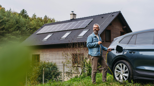 Man charging electric car, plugging the charger into the charging port. House with solar panel system on roof behind him. Banner with copyspace.