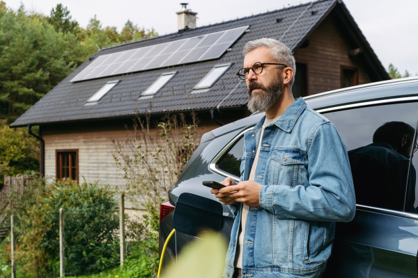 Portrait of a man charging his electric car in front of his house, plugging the charger into the charging port. The man is unplugging the charger from the fully charged car before going to the office.