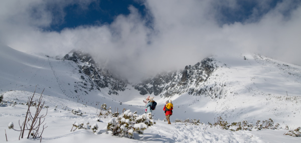 Family is enjoying winter holiday in the mountains, playing and walking through the snowy landscape. Banner with copy space.