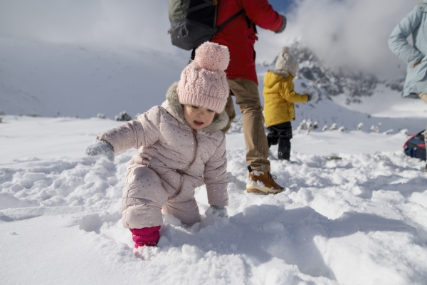 Family is enjoying winter holiday in the mountains, playing in snow.