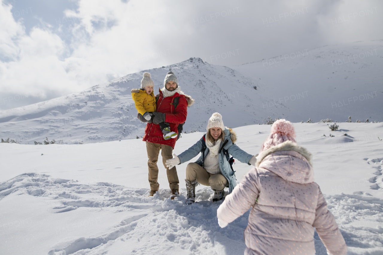 Family is enjoying winter holiday in the mountains, playing in snow.