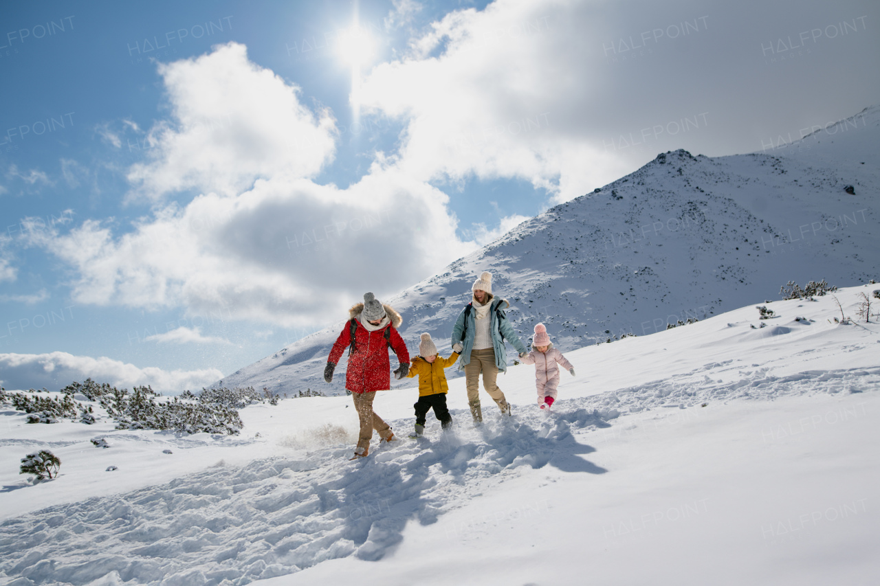 Family is enjoying winter holiday in the mountains, holding hands while walking through the snowy landscape.