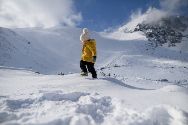 Portrait of boy in yellow jacket walking across snowy nature, enjoying winter holiday in the mountains with family