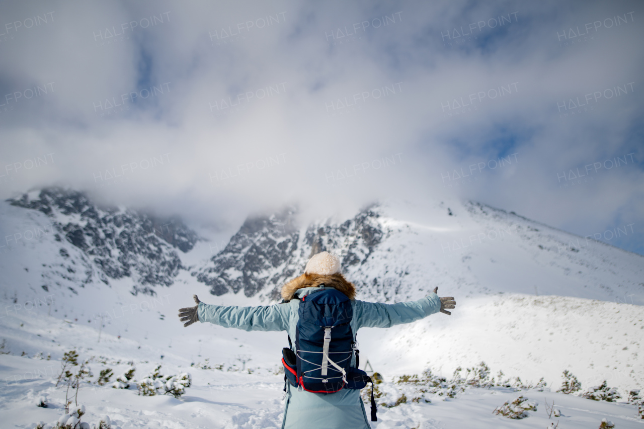 Woman standing in the middle of snowy nature with open arms, looking at the winter landscape around her.