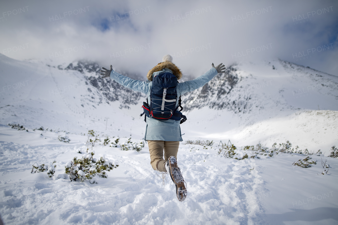 Woman jumping in the middle of snowy nature with open arms, looking at the winter landscape around her.