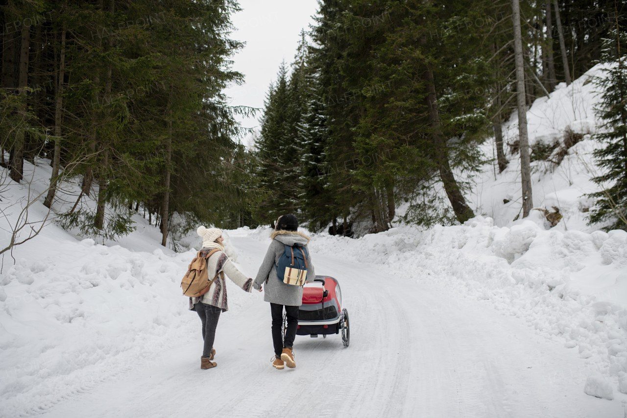 Family is enjoying winter holiday in the mountains. Parents pushing kids in wagon stroller through snowy forest.