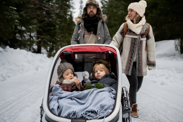 Family is enjoying winter holiday in the mountains. Parents pushing kids in wagon stroller through snowy forest.