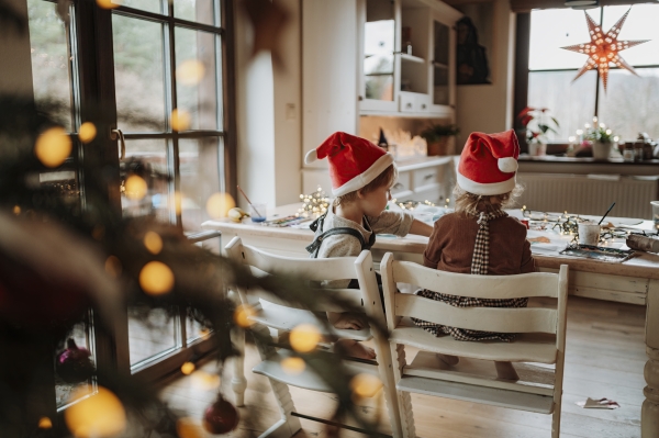 Rear view of siblings making holiday Christmas or a christmas decorations at home. Creative activity for toddlers.