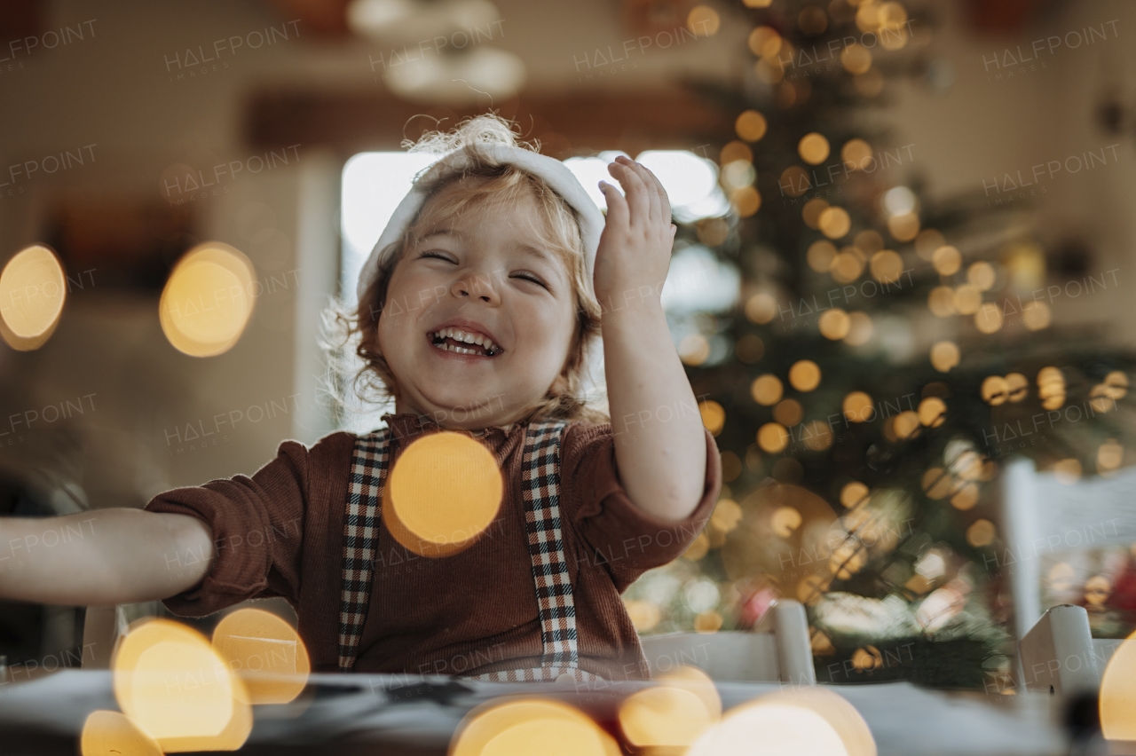 Portrait of small girl helping with Christmas baking at home, laughing. Girl making christmas cookies in the kitchen.