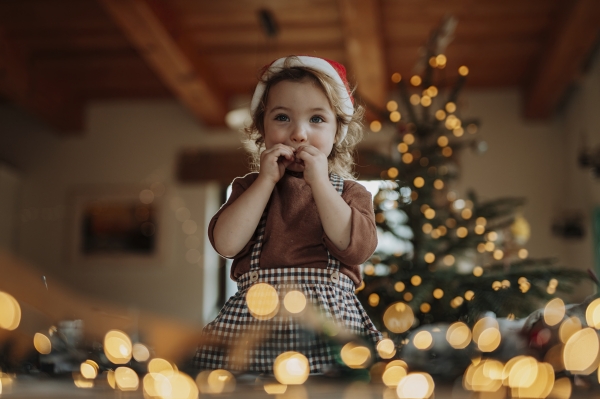 Portrait of small girl helping with Christmas baking at home, laughing. Girl making christmas cookies in the kitchen.