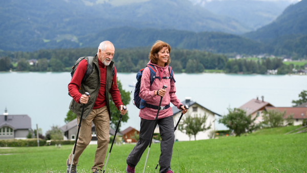 Portrait of active elderly couple hiking together in mountains. Senior tourists walking with trekking poles for stability.