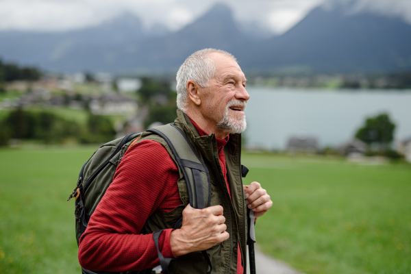 Portrait of smiling elderly man walking outdoors with trekking poles, going on hiking trail. Senior tourists enjoying view.