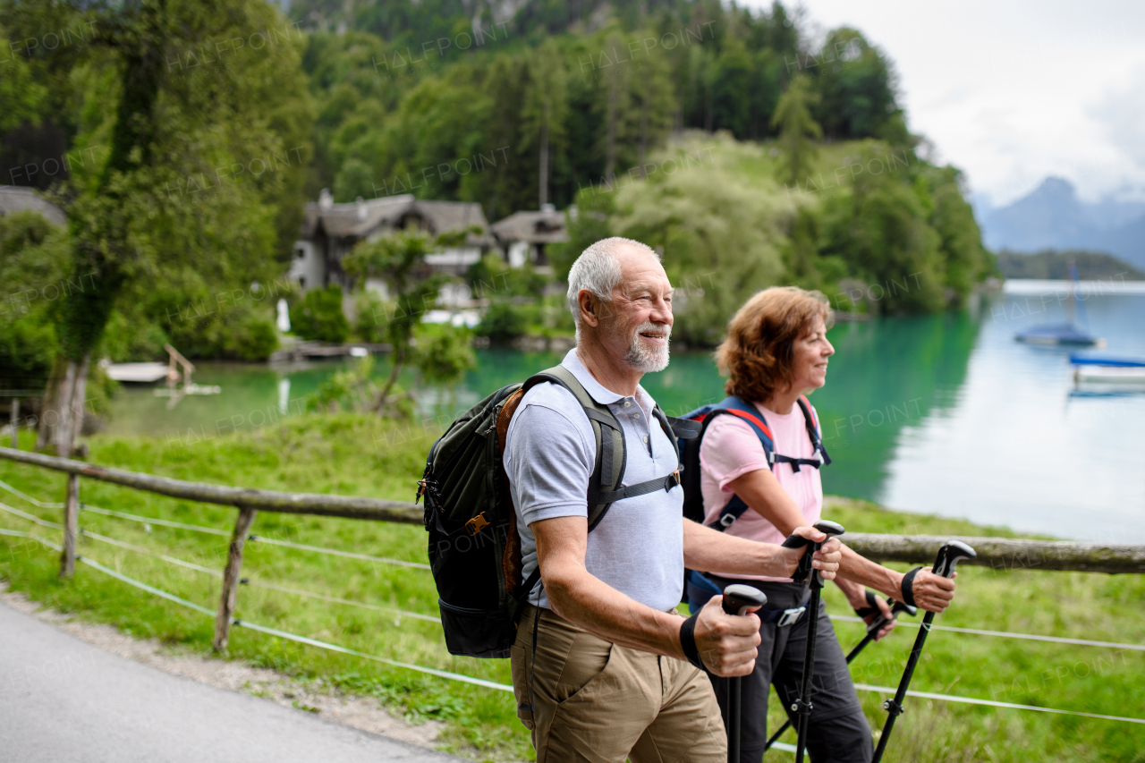 Portrait of active elderly couple hiking together in mountains. Senior tourists walking with trekking poles for stability.