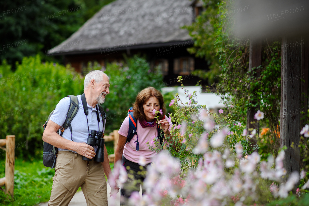 Active elderly couple on trip together, during early spring day. Senior tourists visiting, exploring new places. Sightseeing, holding hands.