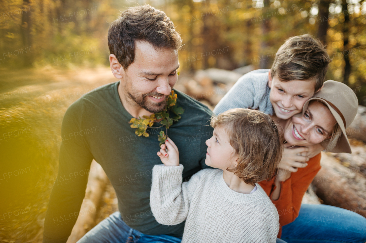 Portrait of family sitting on logs in the middle autumn forest. Nuclear family spending weekend outdoors