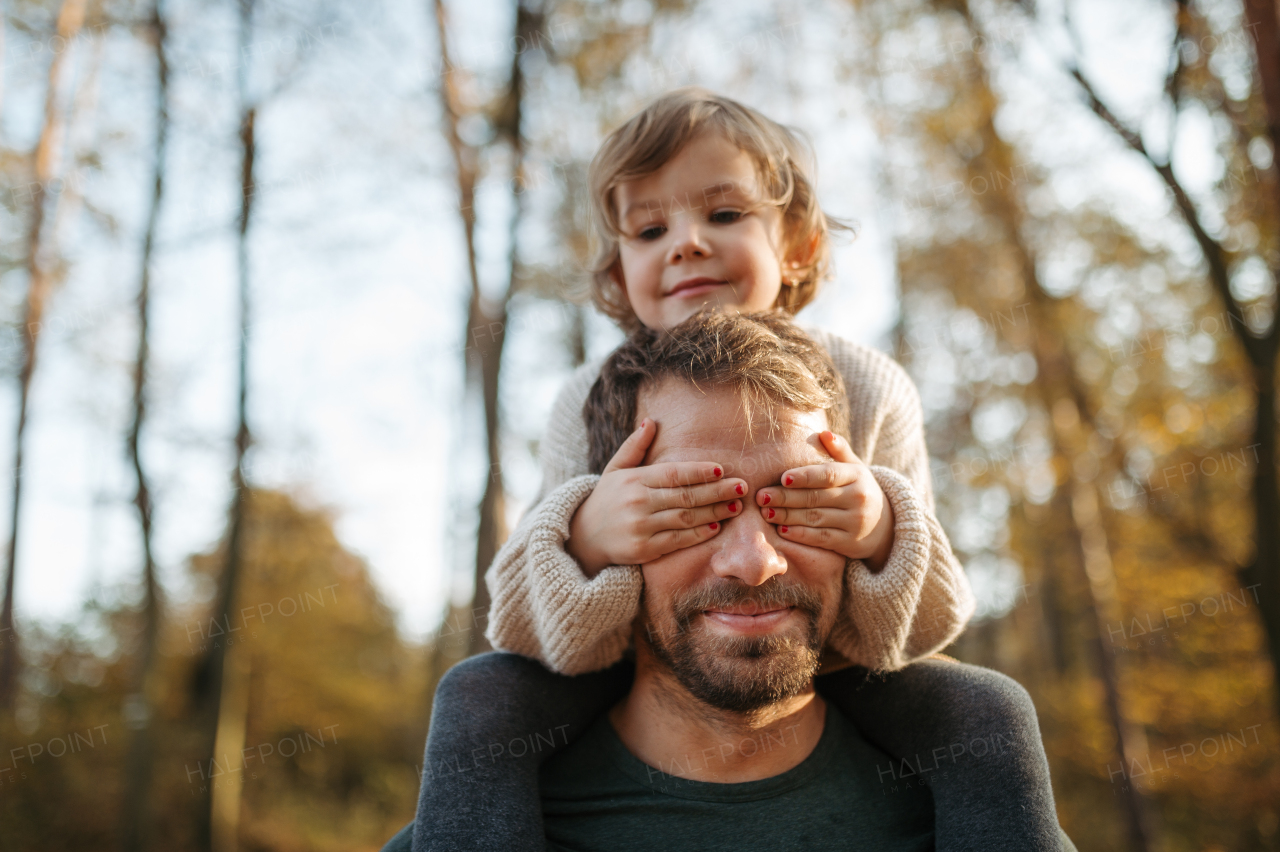 Father walking with daughter on his shoulders across autumn forest, girl covering his eyes with palms. Dad and girl having fun outdoors