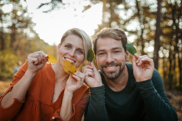 Couple holding colorful leaves, looking at camera. Man and woman on walk in autumn forest