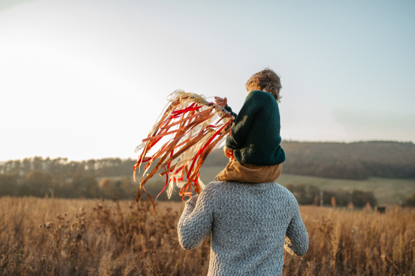 Rear view of father walking with daughter on his shoulders across autumn meadow. Girl holding wreath with ribbons