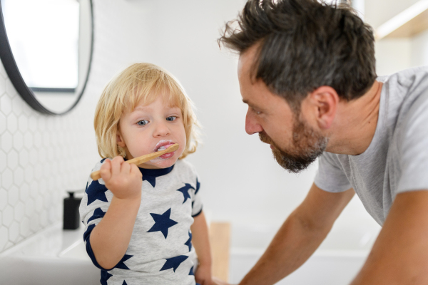 Father brushing son's teeth, boy sitting on bathroom countertop. Morning routine for young boy before going to preschool.