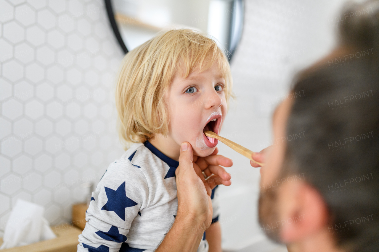 Father brushing son's teeth, boy sitting on bathroom countertop. Morning routine for young boy before going to preschool.