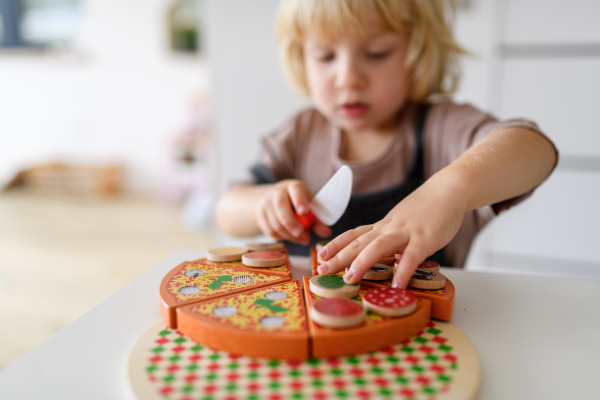 Boy playing with wooden toys in living room, serving and cutting pizza. Child spending weekend day indoors.