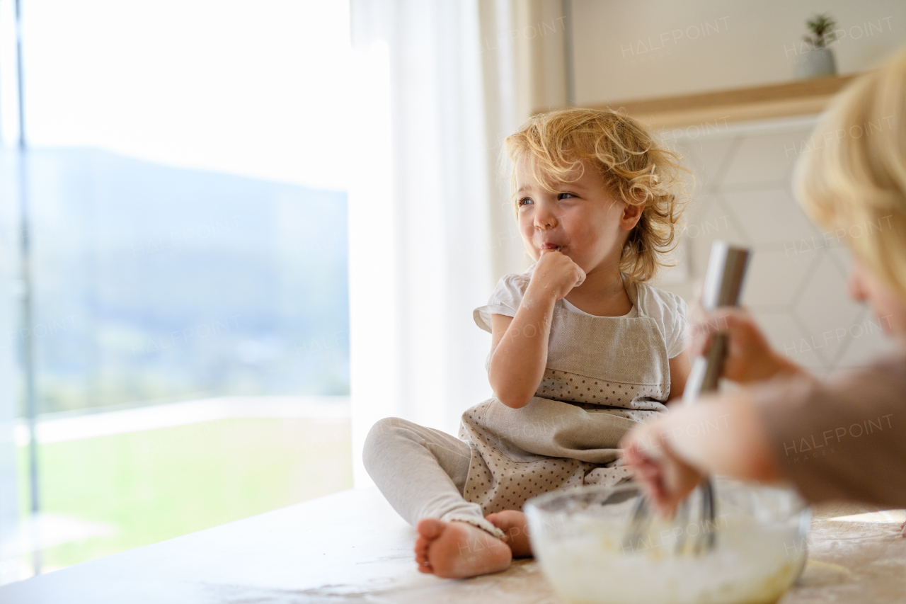 Little cute girl sitting on kitchen countertop, tasting pancake batter with finger. Nuclear family spending weekend day indoors, cooking together.