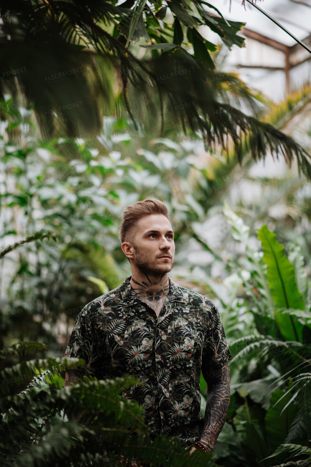 Handsome man with tattoo standing in a botanical garden, in the middle of lush green foliage.