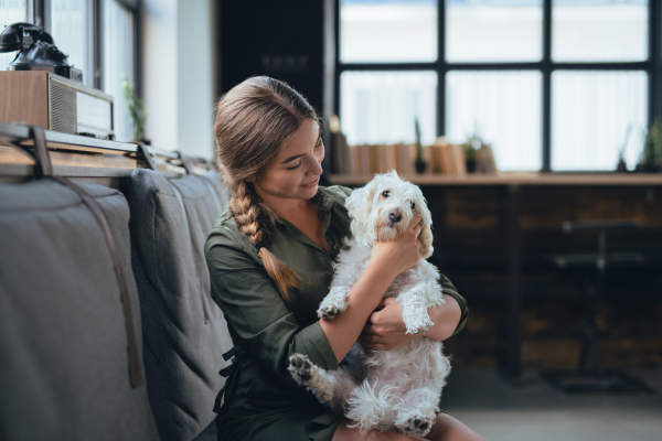 Portrait of beautiful young woman holding her dog and smiling. Cute white dog in arms of loving owner. With dog in coffe shop.