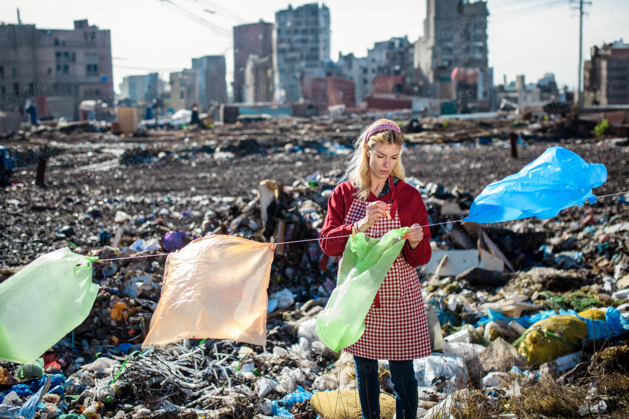 Woman housewife on landfill hanging plastic bags as laundry., consumerism versus plastic pollution concept.