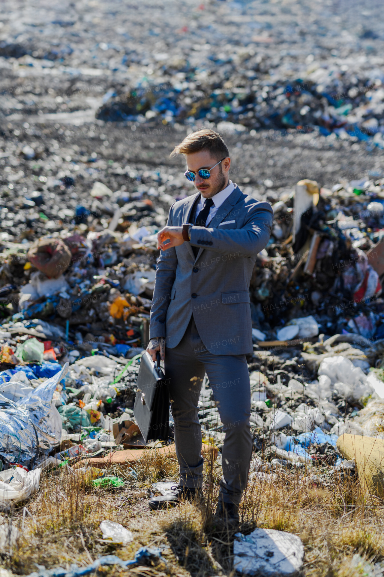 Fashionable modern businessman looking at watch, checking time standing on landfill, large pile of waste. Consumerism versus pollution concept. Corporate social responsiblity in business.