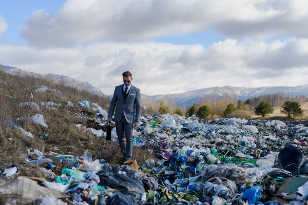 Fashionable businessman walking across on landfill, large pile of waste. Consumerism versus pollution concept. Corporate social responsiblity in business.