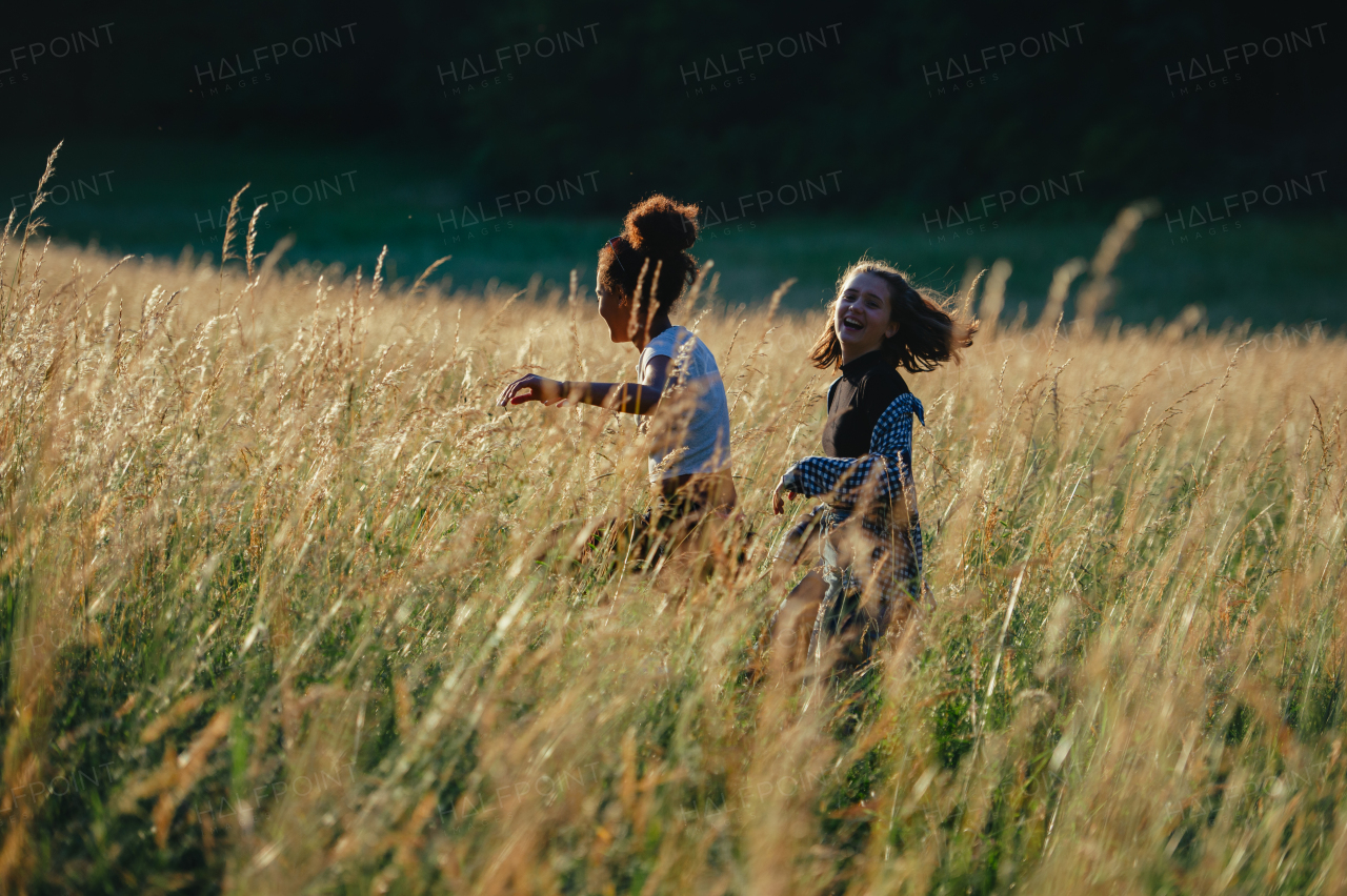 Cheerful young teenager girl best friends spending time in nature, during sunset. Girls on walk by forest, summer holidays.