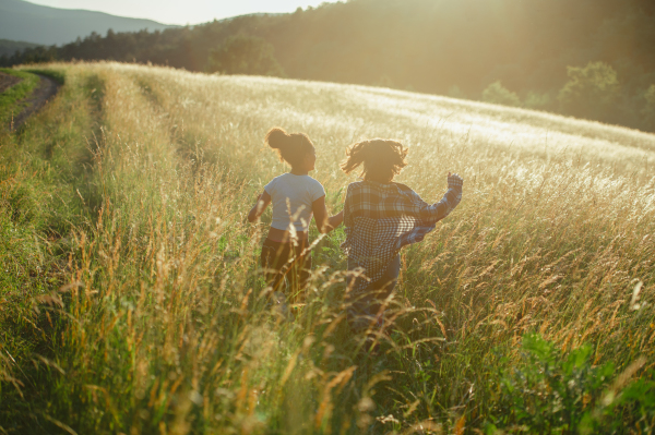 Cheerful young teenager girl best friends spending time in nature, during sunset. Girls on walk by forest, summer holidays.