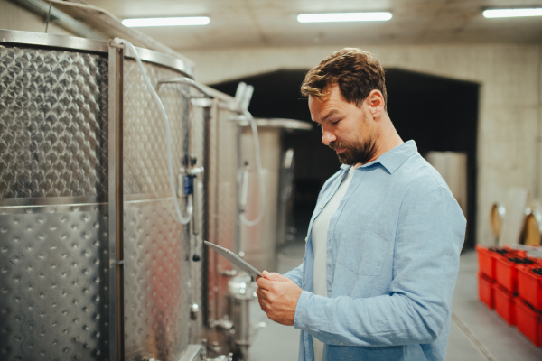 The winemaker standing in the wine cellar, monitoring the fermentation and aging processes in large barrels, holding clipboard.