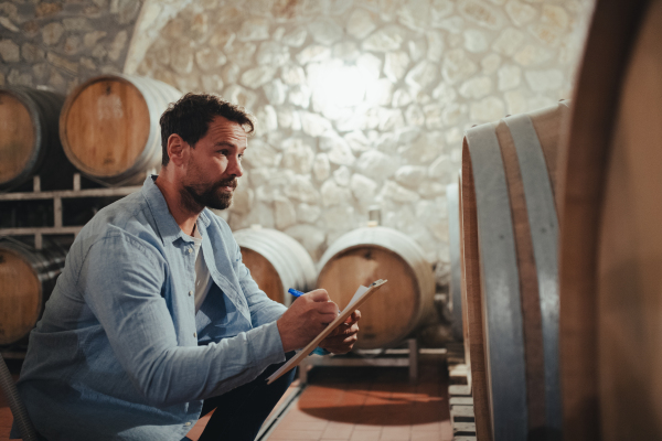 The winemaker standing in the wine cellar, monitoring the fermentation and aging processes in large barrels, holding clipboard.