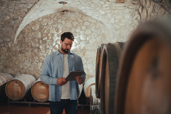 The winemaker standing in the wine cellar, monitoring the fermentation and aging processes in large barrels, holding clipboard.