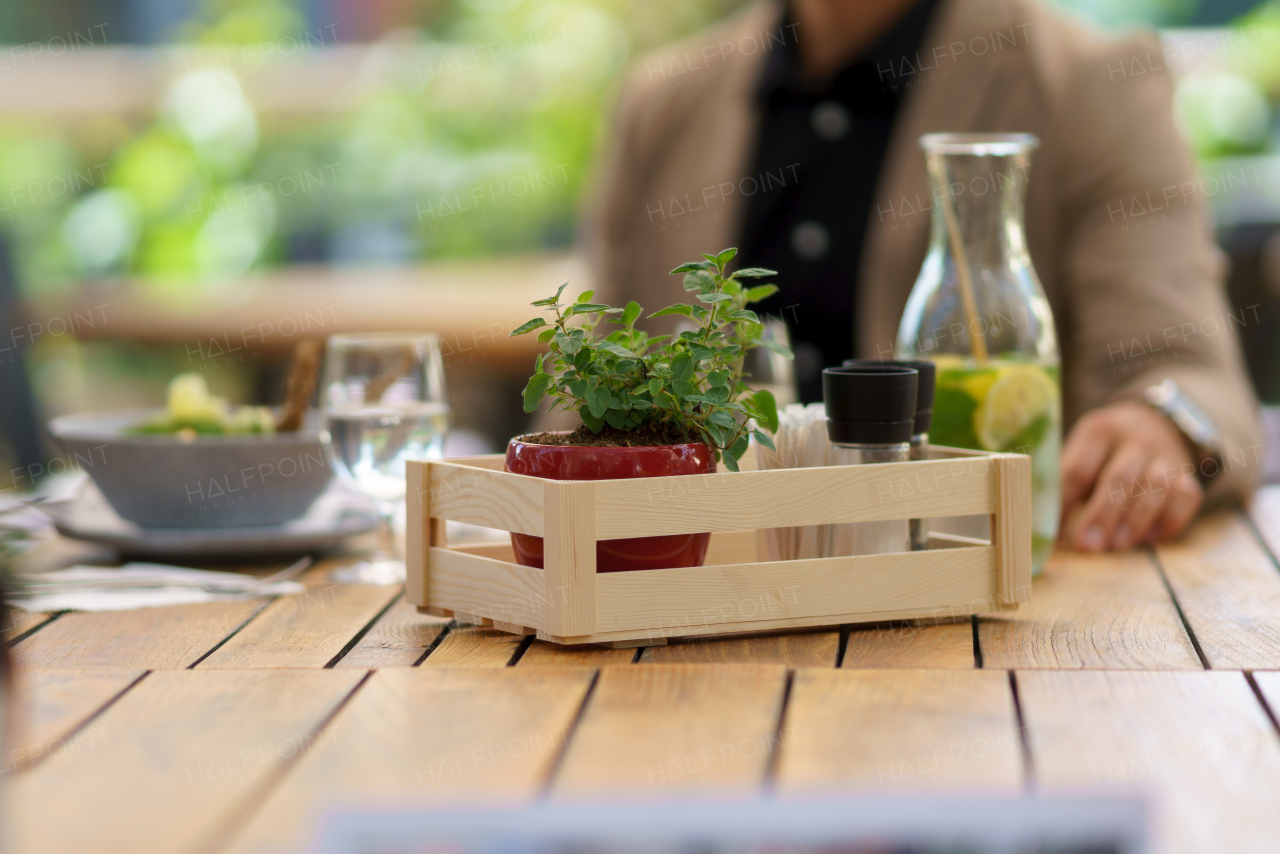 Wooden table on restaurant patio. Dining table with salt, spices, seasoning containers in crate, small plant in pot as decoration.