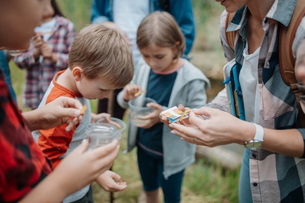 Young students analyzing water quality, ph level with indicator strips during biology field teaching class. Female teacher during outdoor active education about ecosystem, nature.